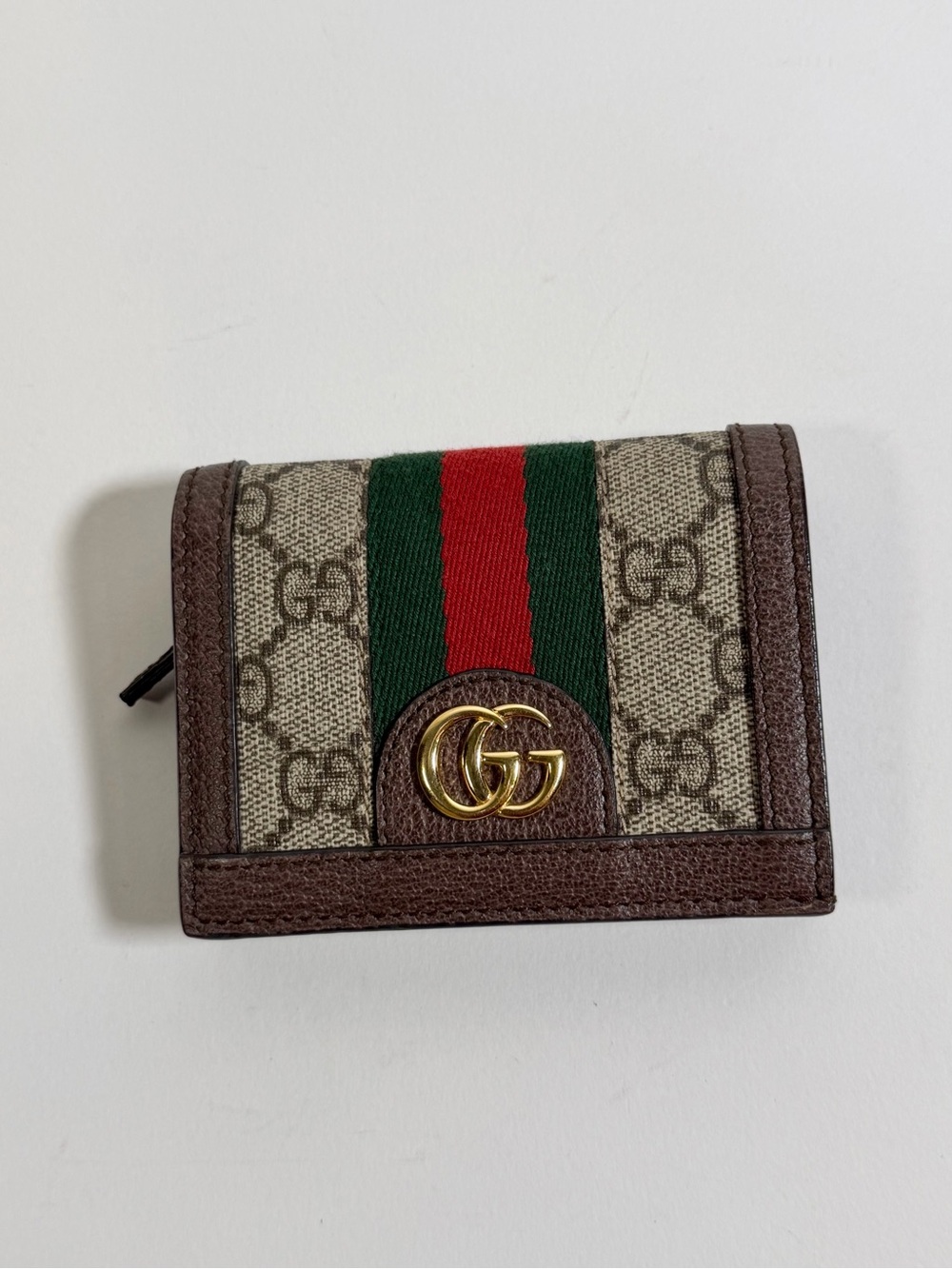 Gucci Brown GG Supreme Canvas Card Holder with Green-Red Web and Gold GG